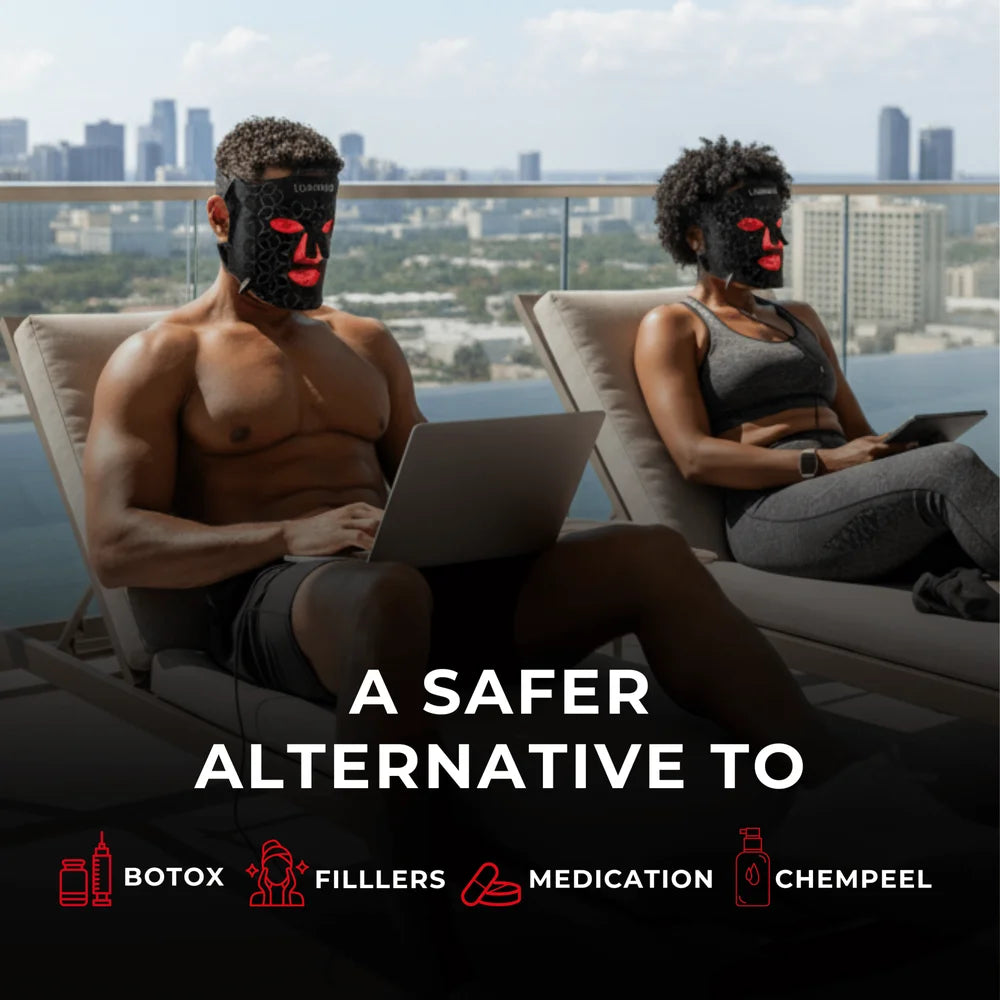 Two people on rooftop loungers wearing the Lumara VISO LED Mask under a safer alternative caption