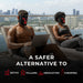 Two people on rooftop loungers wearing the Lumara VISO LED Mask under a safer alternative caption