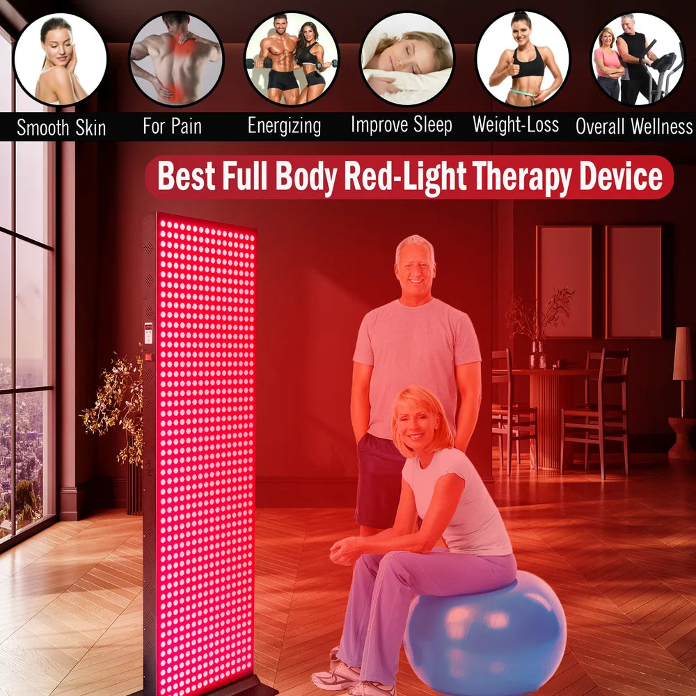 Older couple exercising near the EXESAS 800 LED 4000W Full Body Red Light Panel under six wellness benefit icons
