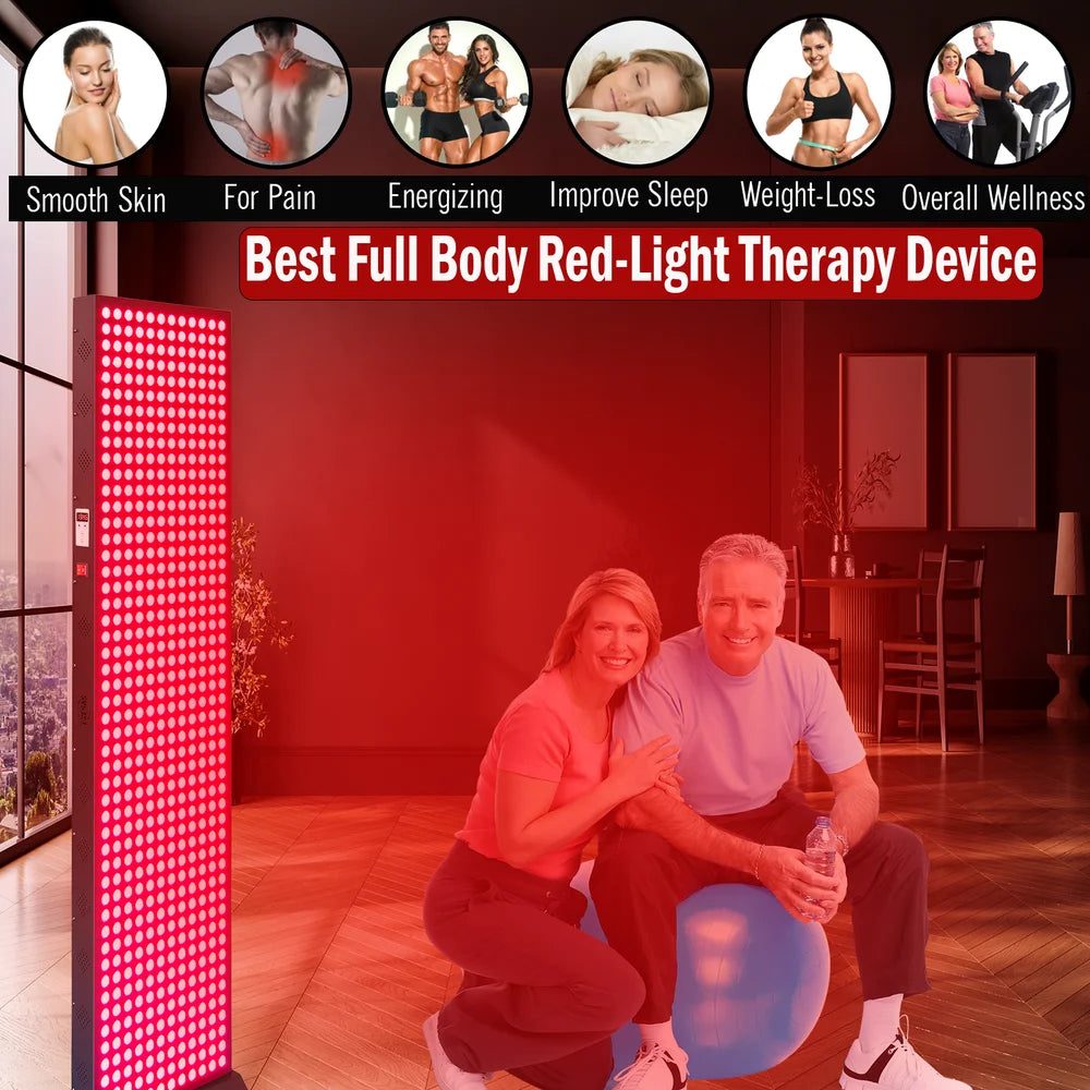 Older couple exercising beside the EXESAS 600 LED Full Body Infrared Therapy Panel under six benefit icons