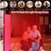 Older couple exercising beside the EXESAS 600 LED Full Body Infrared Therapy Panel under six benefit icons