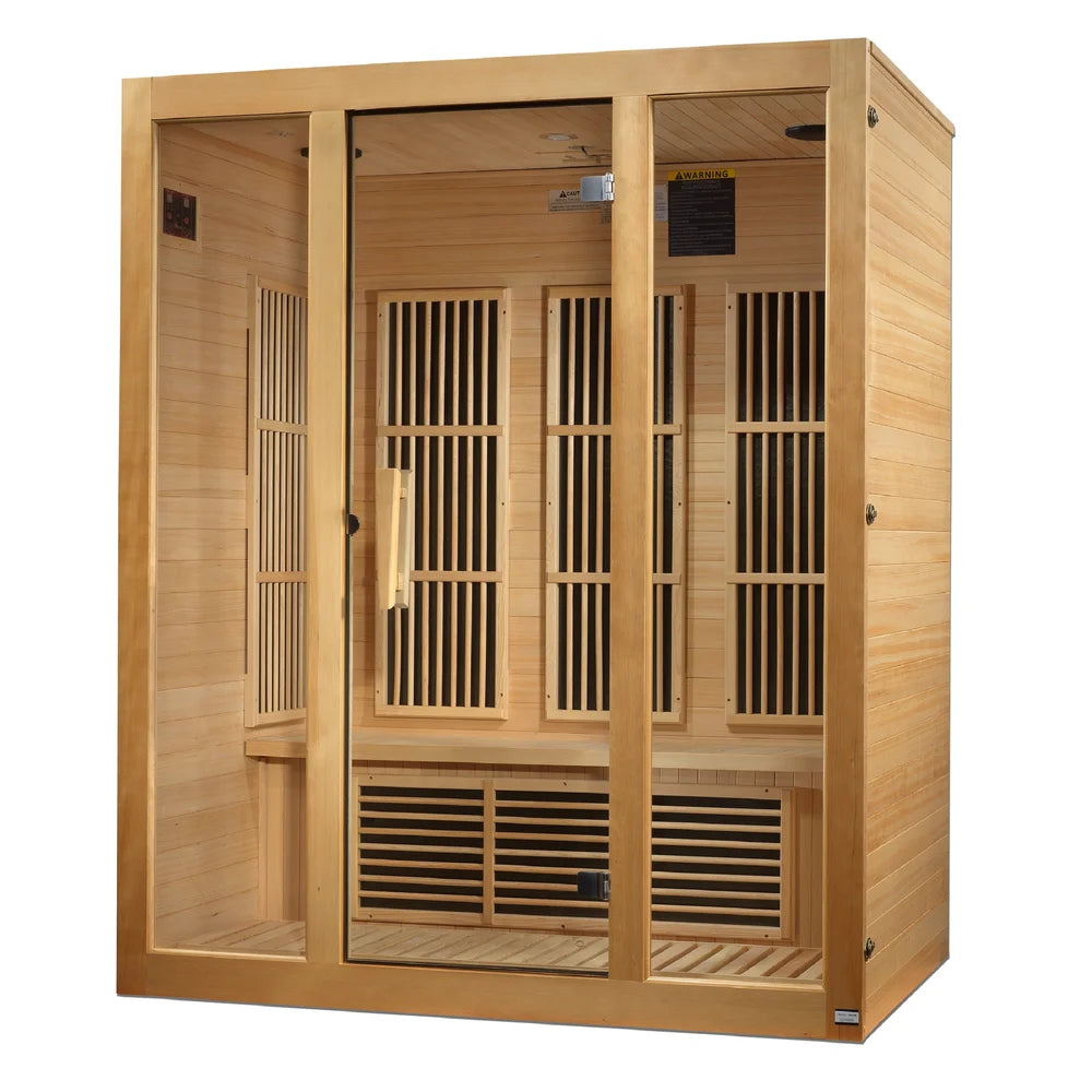Left three-quarter view of the Maxxus Bellevue 3 Person Low EMF FAR Infrared Sauna showing bench and wall control panel