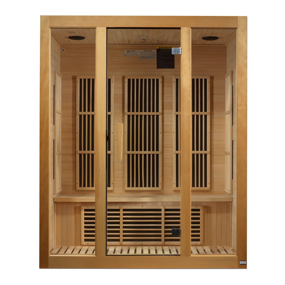 Straight-on front view of the Maxxus Bellevue 3-Person Low EMF FAR Sauna with glass door, bench and heater panels