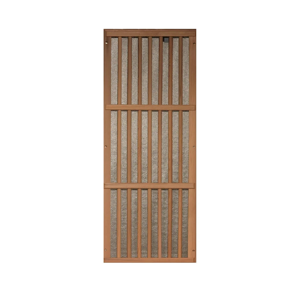 Close-up of a cedar-slatted carbon heat emitter panel used in the Maxxus Chaumont Near Zero EMF Sauna