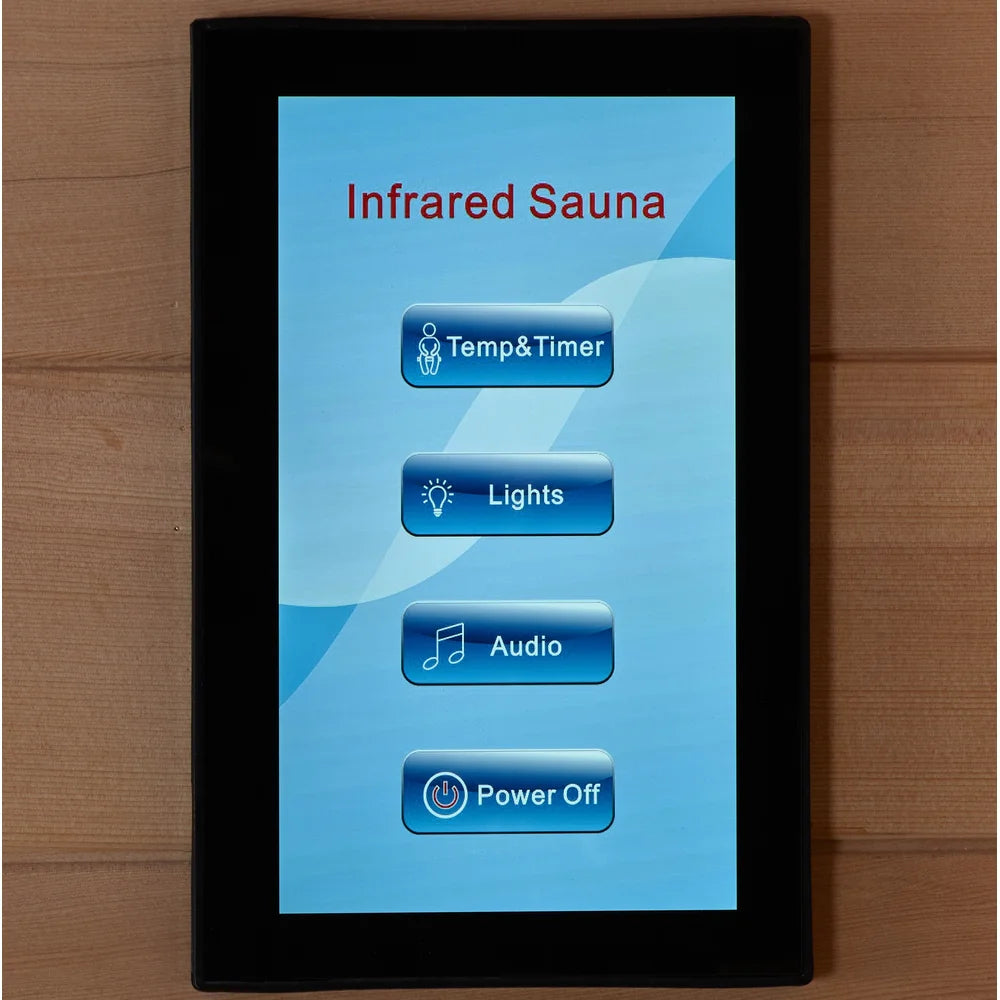 Touch screen control panel of the Maxxus Chaumont FAR IR Sauna showing temp, timer, lights and audio buttons