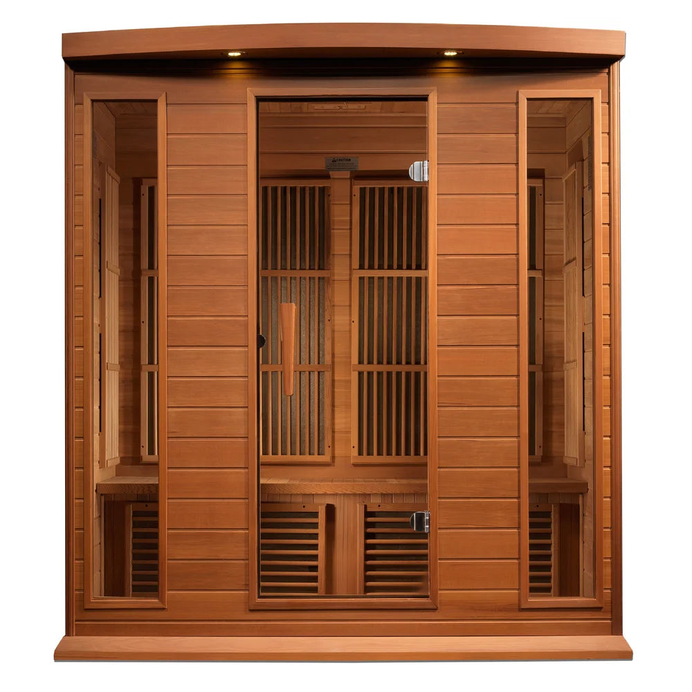 Front view of the Maxxus Chaumont Sauna in red cedar with tempered glass door, side windows and curved lighted roof