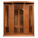 Front view of the Maxxus Chaumont Sauna in red cedar with tempered glass door, side windows and curved lighted roof