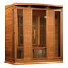 Left-side angled shot of the Maxxus Chaumont Infrared Sauna showing full-length window and cedar exterior panels