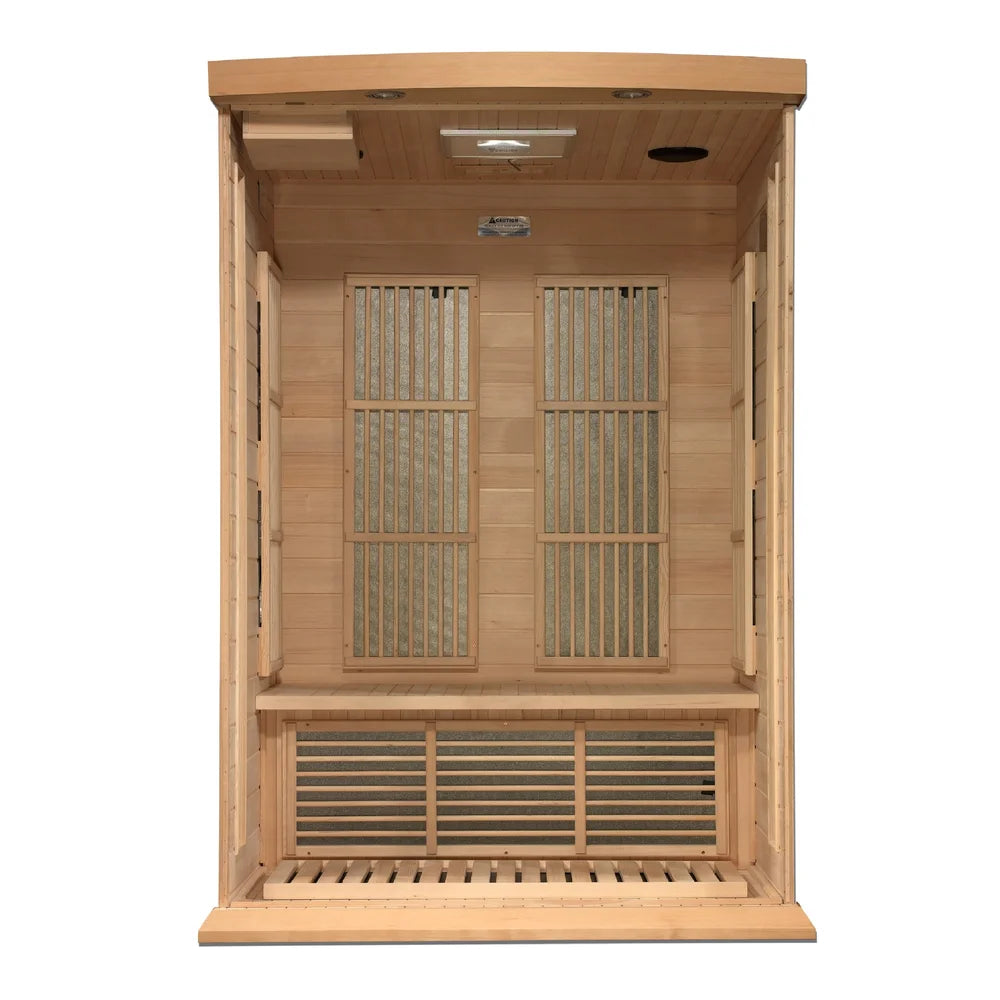 Inside the Maxxus MX-K206-01 showing twin carbon heat emitter panels, hemlock bench, slatted floor and ceiling vent