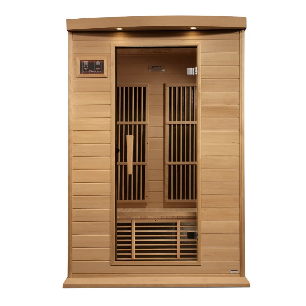 Front view of the Maxxus MX-K206-01 2 Person Infrared Sauna with glass door open revealing bench and carbon heating panels