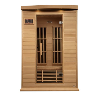 Front view of the Maxxus MX-K206-01 2 Person Infrared Sauna with glass door open revealing bench and carbon heating panels