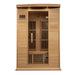 Front view of the Maxxus MX-K206-01 2 Person Infrared Sauna with glass door open revealing bench and carbon heating panels