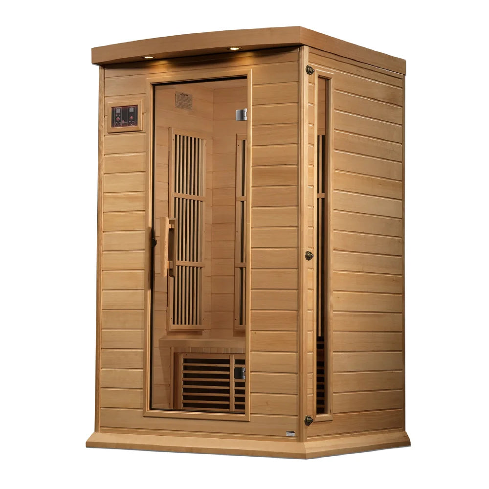 Angled studio view of the Maxxus MX-K206-01-ZF EMF Sauna showing hemlock side wall, roof overhang and glass door