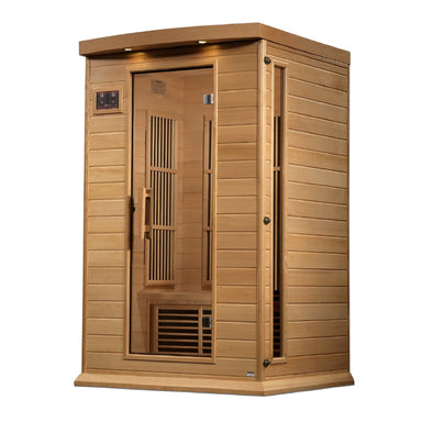 Angled studio view of the Maxxus MX-K206-01-ZF EMF Sauna showing hemlock side wall, roof overhang and glass door
