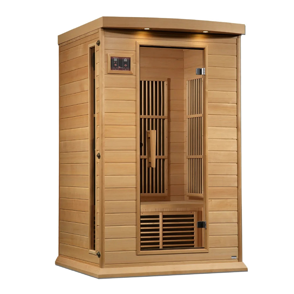 Right-side angled shot of the Maxxus MX-K206-01-ZF Hemlock Sauna with lit roof lamps and full length side window