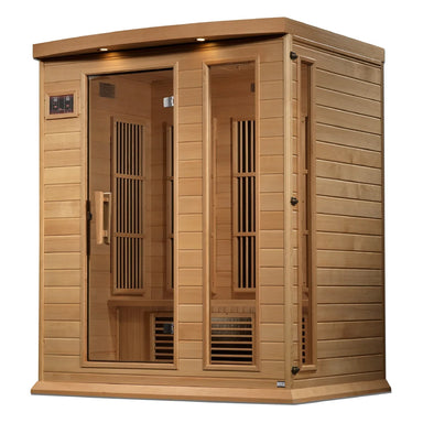 Side angle of the Maxxus MX-K306-01 Far Infrared Sauna showing hemlock wall panels and clasp hardware