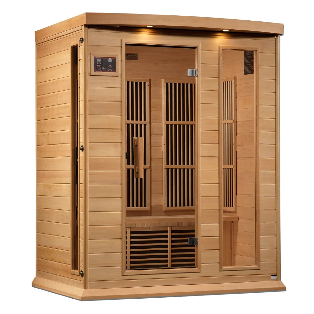 Angled front view of the Maxxus MX-K306-01-ZF Near Zero EMF Sauna in Canadian hemlock with glass door and side window