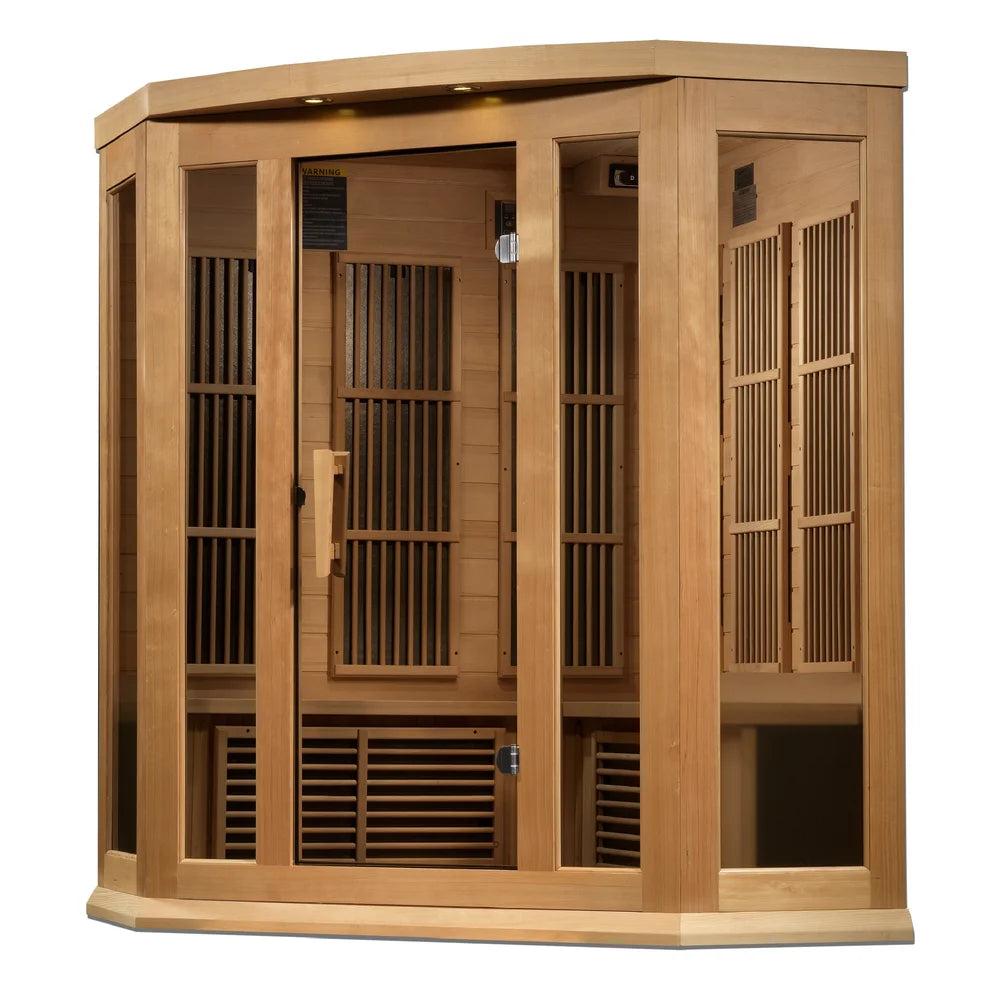 Angled studio view of the Maxxus MX-K356-01-ZF Corner Sauna showing the glass door, side window and carbon heat panels