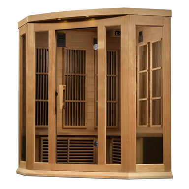 Angled studio view of the Maxxus MX-K356-01-ZF Corner Sauna showing the glass door, side window and carbon heat panels