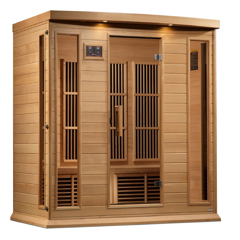 Right-hand angled view of the Maxxus MX-K406-01 4 Person Sauna showing the side window, glass door and lit roof lights