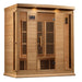 Right-hand angled view of the Maxxus MX-K406-01 4 Person Sauna showing the side window, glass door and lit roof lights