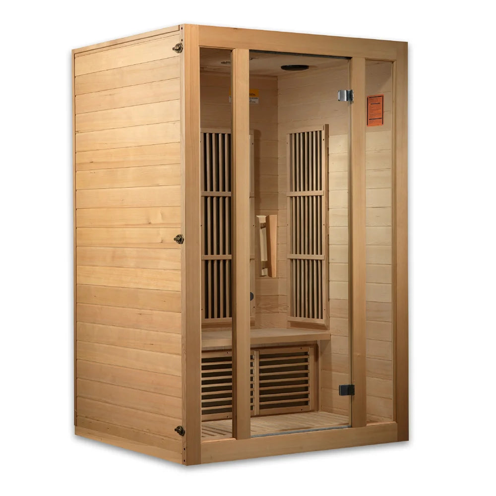 Angled render of the Maxxus Seattle hemlock cabin with clear tempered glass door closed and carbon heaters visible inside
