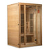 Angled render of the Maxxus Seattle hemlock cabin with clear tempered glass door closed and carbon heaters visible inside