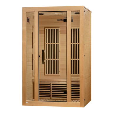 Right-angled photo of the Maxxus Seattle Far Infrared Sauna showing door handle, wall heaters and bench seating