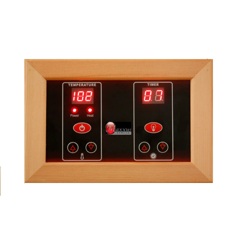 Wood-framed LED control panel of the Maxxus Seattle 2 Person Infrared Sauna with red temperature and timer displays