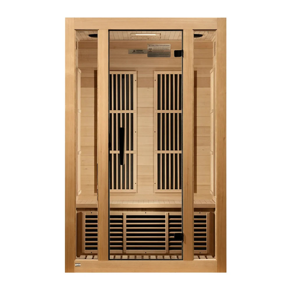 Straight-on front view of the Maxxus Seattle 2 Person Sauna with glass door, bench and back wall heater panels