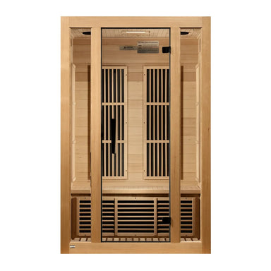 Straight-on front view of the Maxxus Seattle 2 Person Sauna with glass door, bench and back wall heater panels