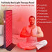 Man meditating beside the EXESAS 324 LED 1620W Full Body Red Light Therapy Panel with a benefits checklist