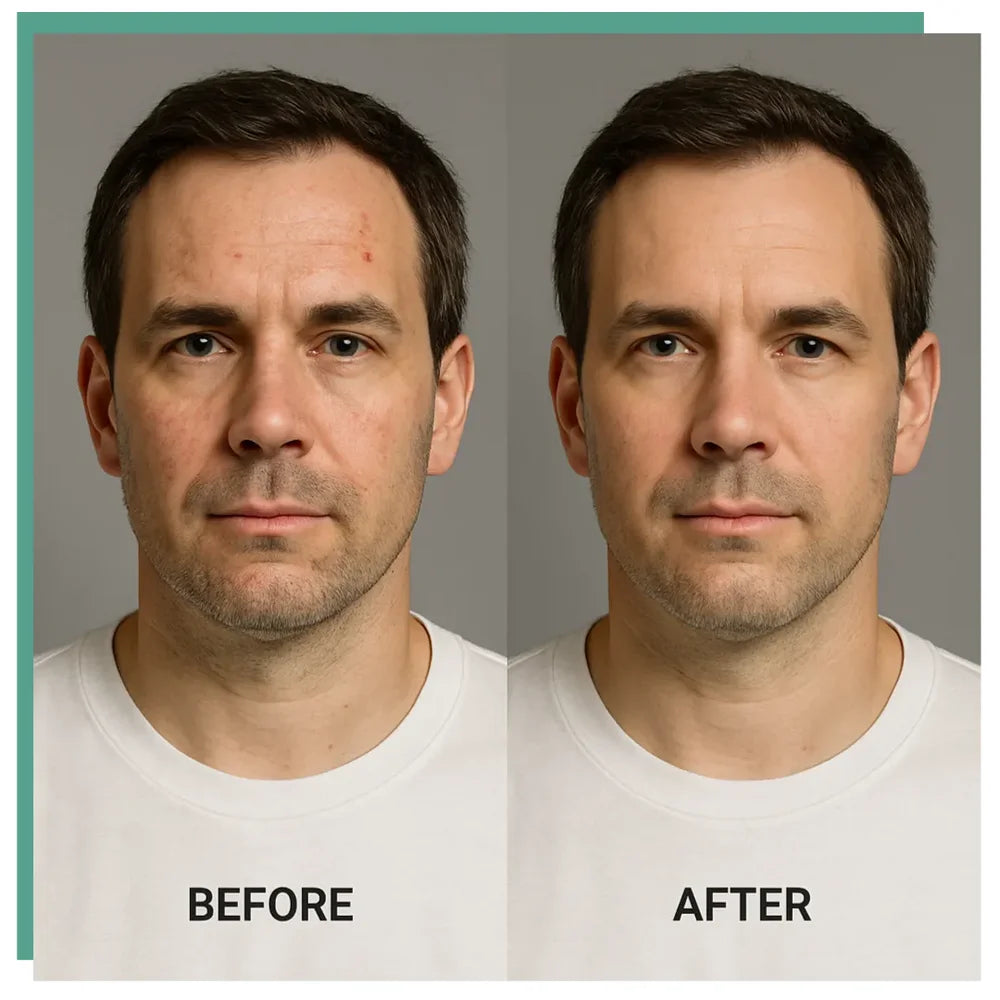 Calmer, even skin tone on a middle-aged man after KoreLight KoreMask LED Face Mask sessions versus forehead redness