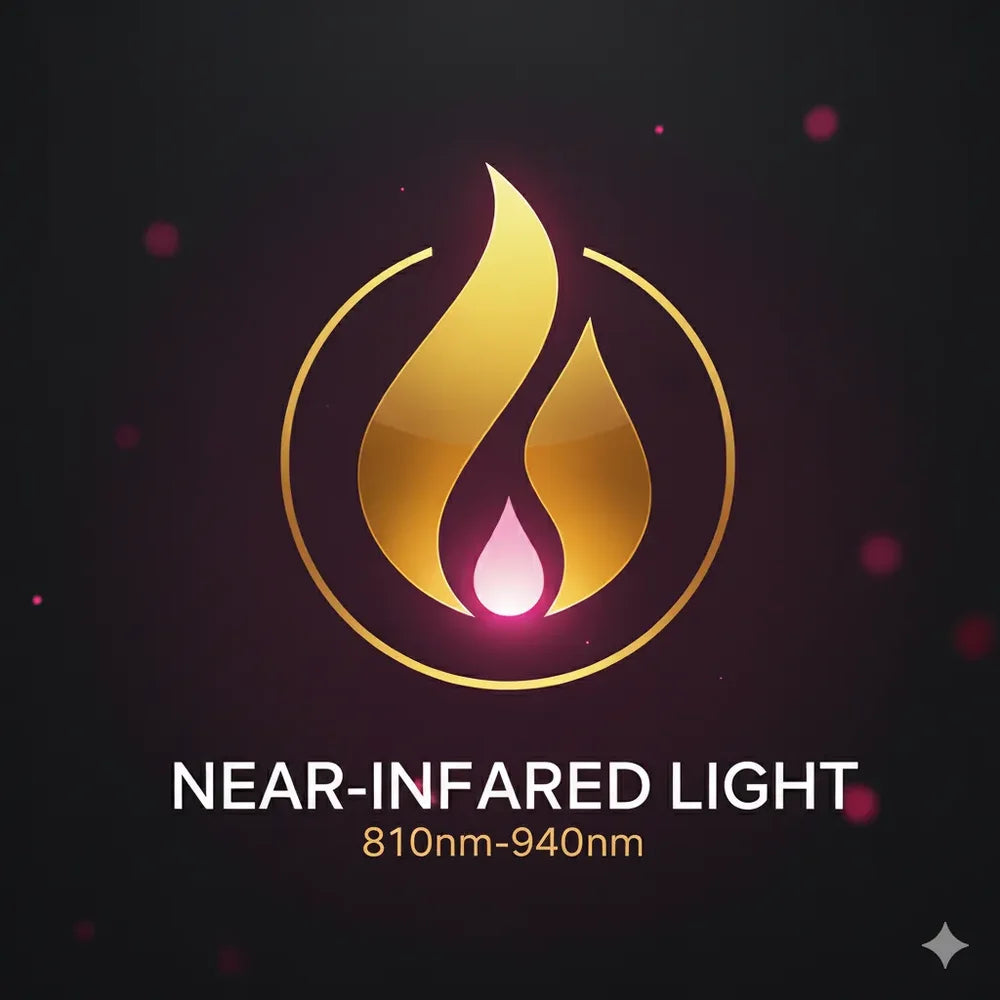 Gold flame badge for the 810nm to 940nm near-infrared band used by the Nextgen Fit Infrared Therapy Bed