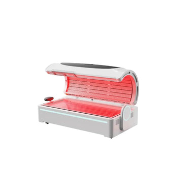 Open clamshell view of the Nextgen Pro 2.0 Full Body Red Light Therapy Bed with glowing red LED panels top and bottom