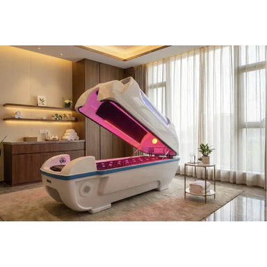 Interior of the Clinicly Distribution NovaPod 2.0 with lid raised, showing red and near-infrared LED panels above a magenta-lit bed
