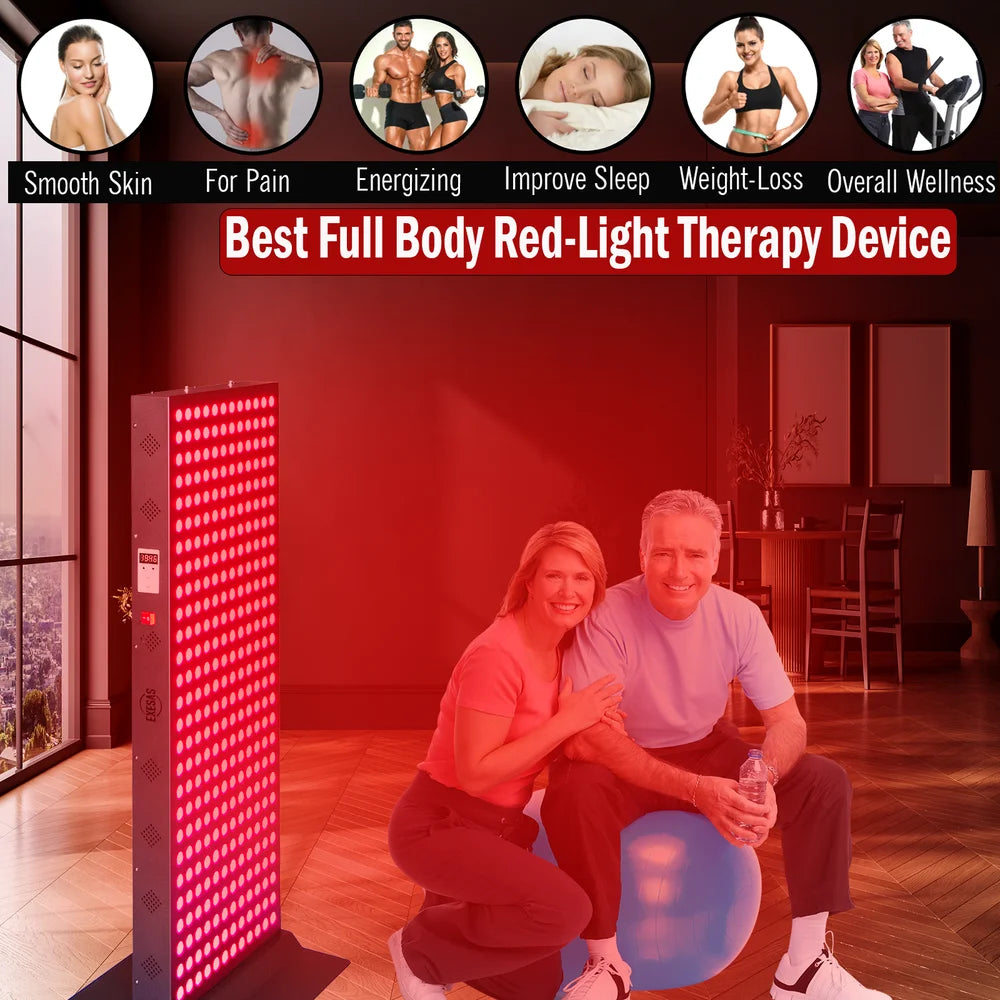 Smiling couple beside the lit EXESAS 1620W Dual-Chip Red Light Therapy Panel with six benefit icons above