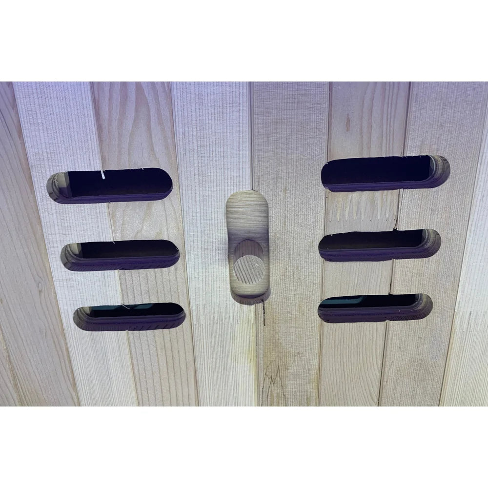 Hemlock ventilation slots rotated fully open for airflow in the Blisspod Helsinki Sauna cabin wall