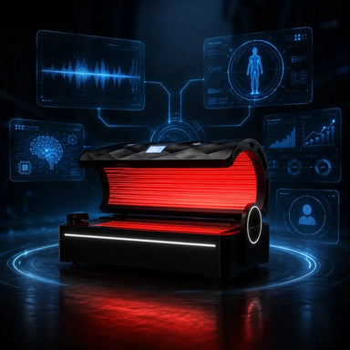 Raised lid on Kore ELITE Red Light Therapy Beds with blue holographic data panels hinting at software upgrades