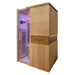 Open glass door revealing the control panel and bench of the Blisspod Milano Hemlock Sauna cabin