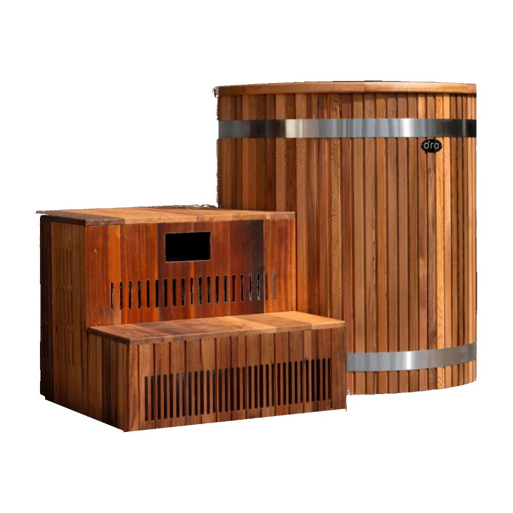 Ora Ice Bath red cedar barrel cold plunge tub and cedar chiller steps on a white background