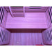 Looking down at the hemlock bench and floor inside the Blisspod Milano Indoor Sauna cabin