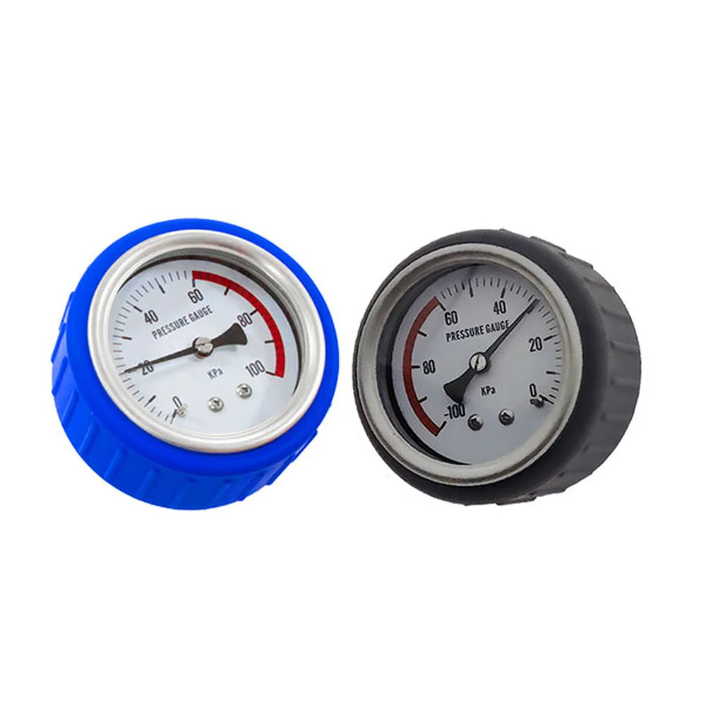 Blue and black aviation-grade pressure gauges supplied with the OxyRevo Apex36 Hyperbaric Chamber
