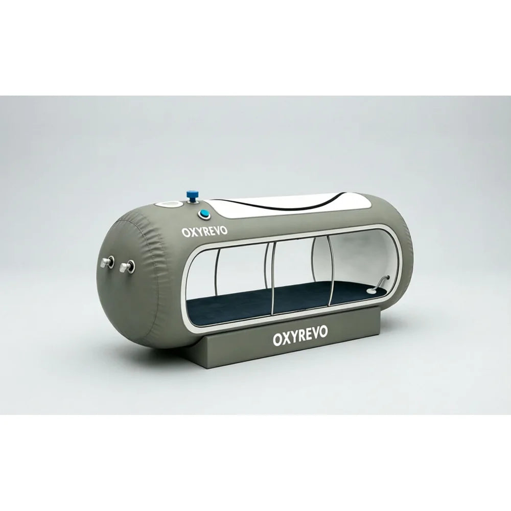 Cutaway render showing the dark anti-static grounding mat fitted inside the OxyRevo Apex36 Oxygen Chamber