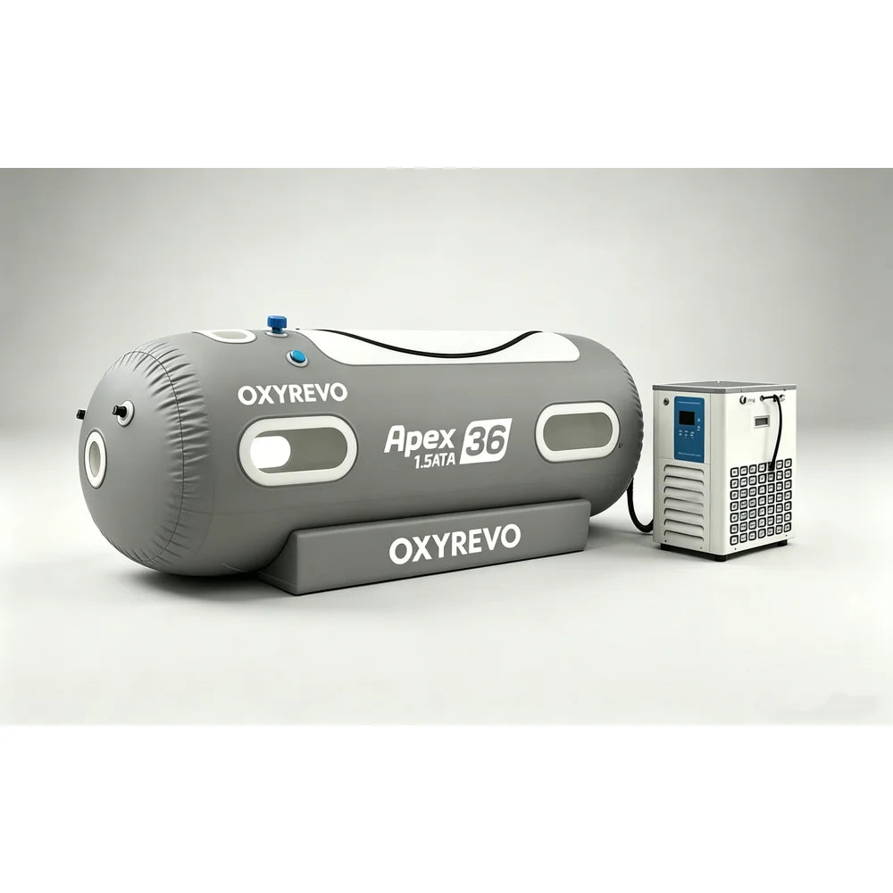 OxyRevo Apex36 linked by hose to the white water chiller air conditioner cooling unit in a studio setting
