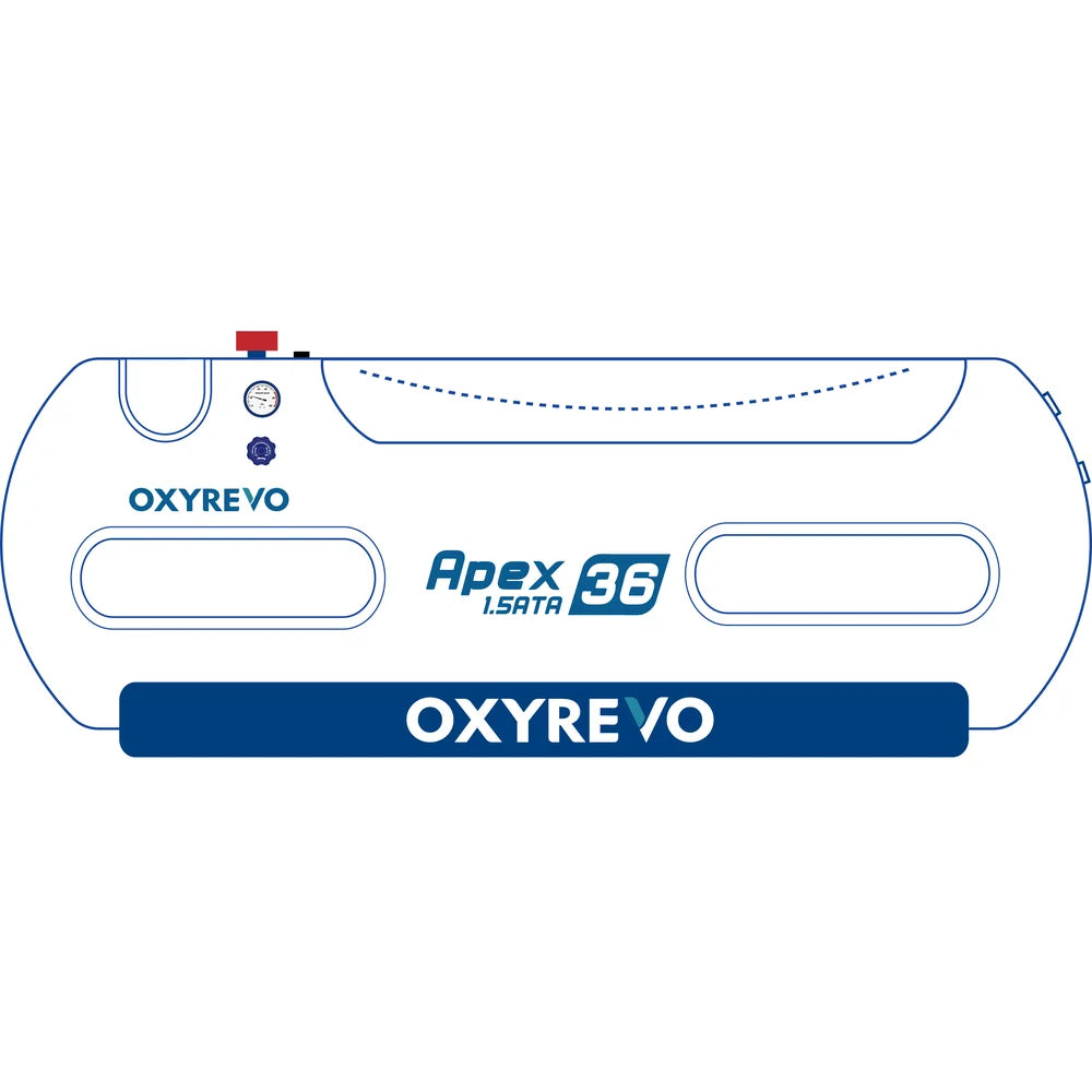 Technical line diagram of the OxyRevo Apex36 1.5ATA Chamber outlining windows, gauge, valves and curved zipper