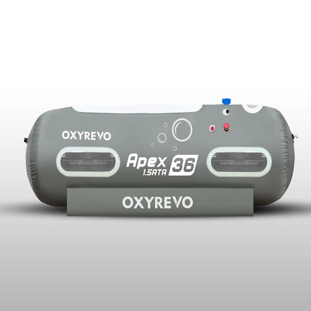 Reverse side of the OxyRevo Apex36 Oxygen Chamber with red emergency valve button and oval windows