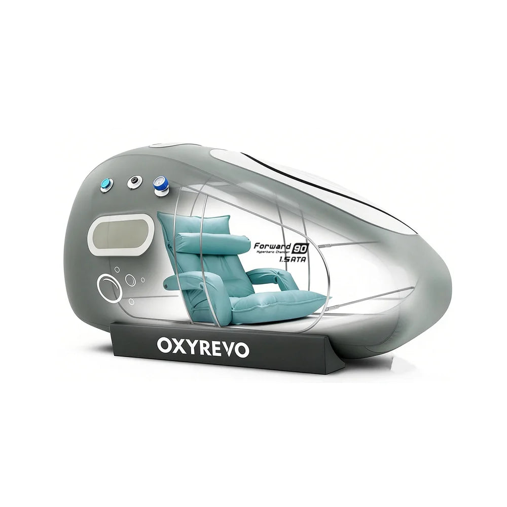 See-through render placing the teal recline chair inside the Oxyrevo Forward90 Portable Hyperbaric Chamber