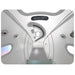 Inside the Oxyrevo Forward90 Sitting Hyperbaric Chamber showing curved zipper, ceiling caution label and valve ports