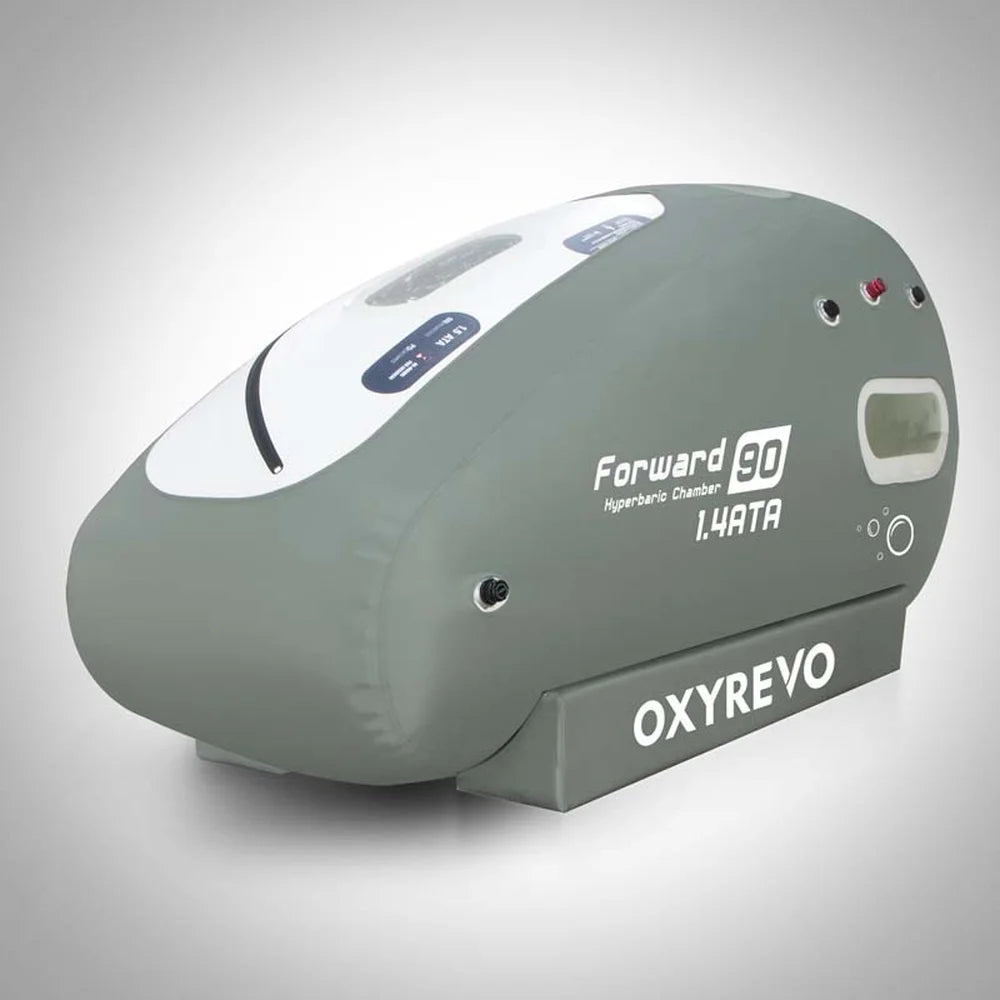 Rear three-quarter studio view of the 1.4 ATA Oxyrevo Forward90 Oxygen Chamber with top control label